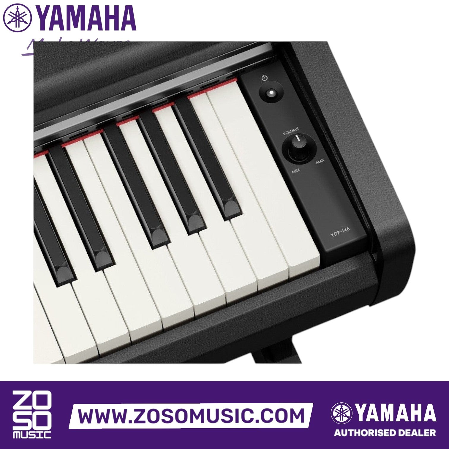 Zoso Music Yamaha Arius YDP-146 digital piano close-up showing weighted keys, volume knob, and power button.