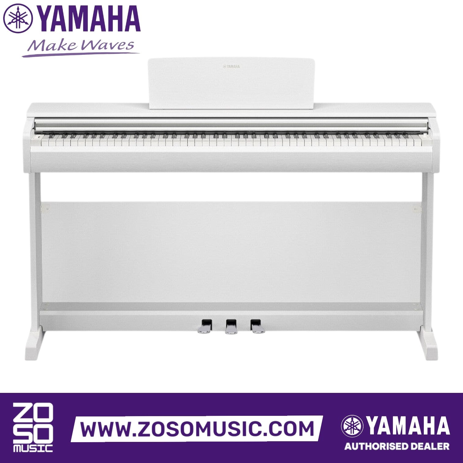 White Yamaha Arius YDP-146 digital piano with 88 weighted keys and three pedals, available at Zoso Music.