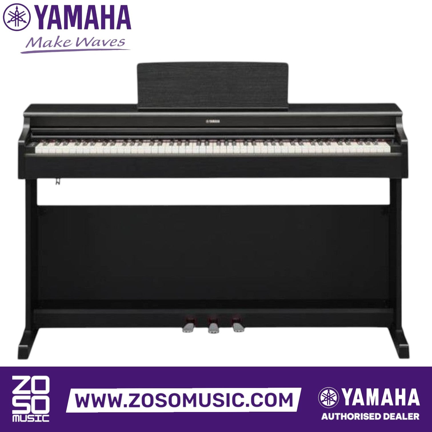 Zoso Music Yamaha Arius YDP-165 digital piano in black with 88 weighted keys and three pedals.