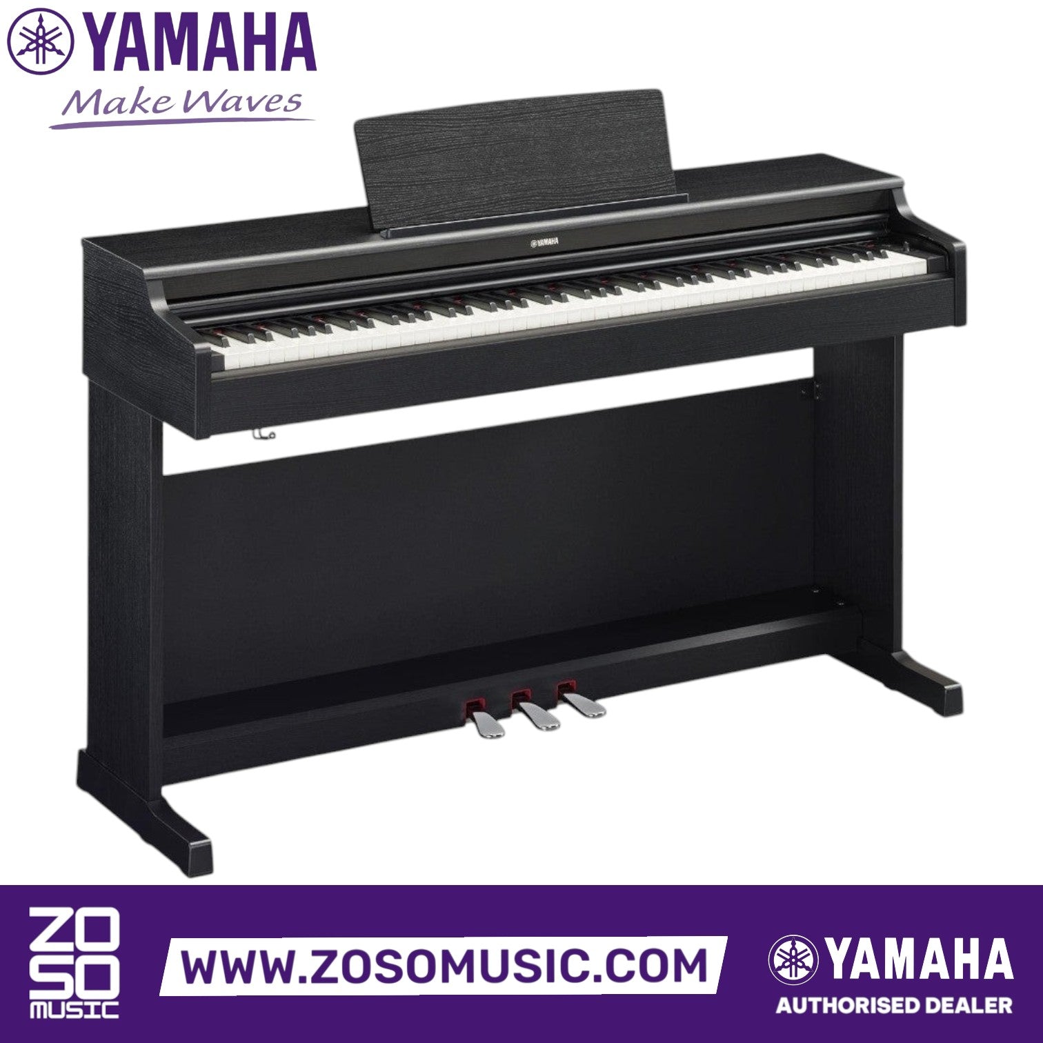 Zoso Music Yamaha Arius YDP-165 black digital piano with 88 weighted keys, music rest, and three pedals.