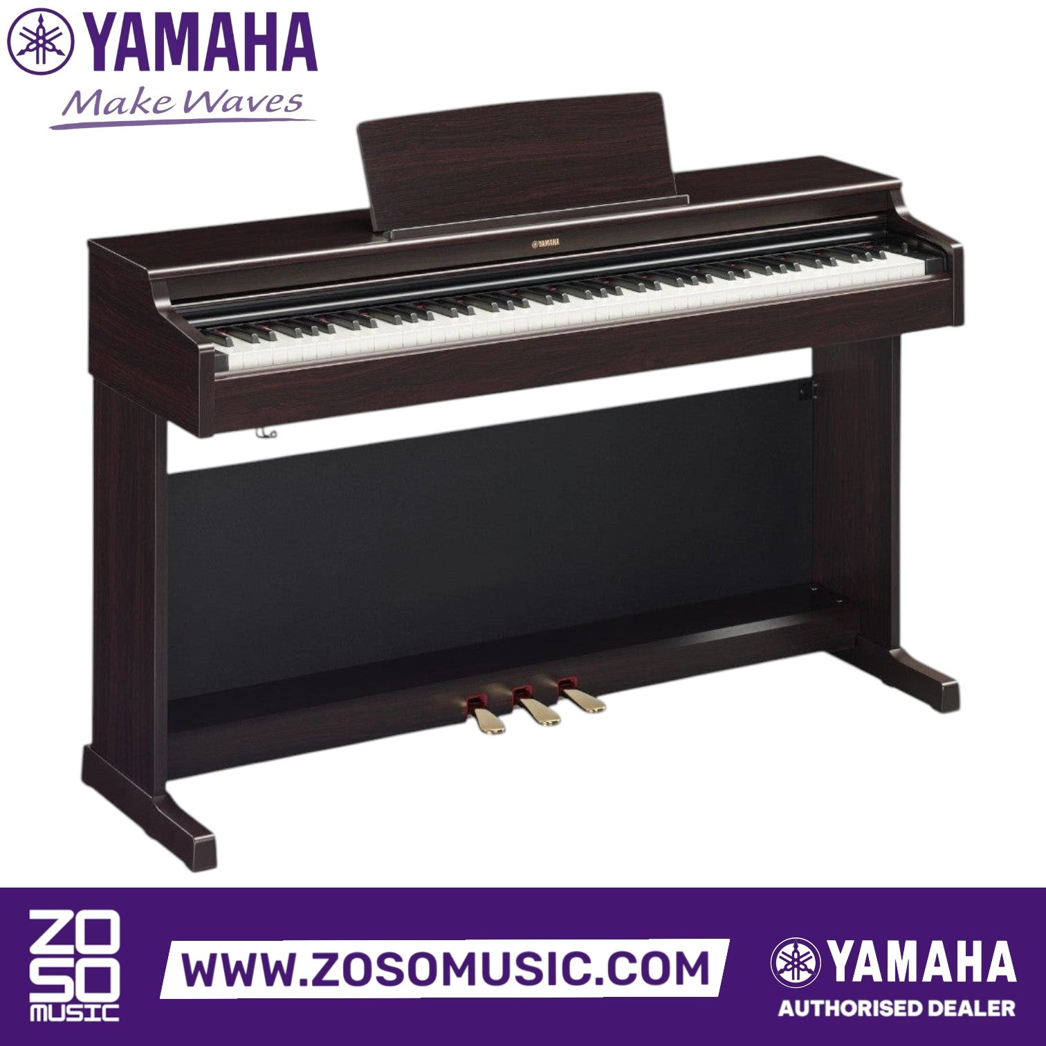 Zoso Music Yamaha Arius YDP-165 digital piano in rosewood finish with 88 weighted keys and three pedals