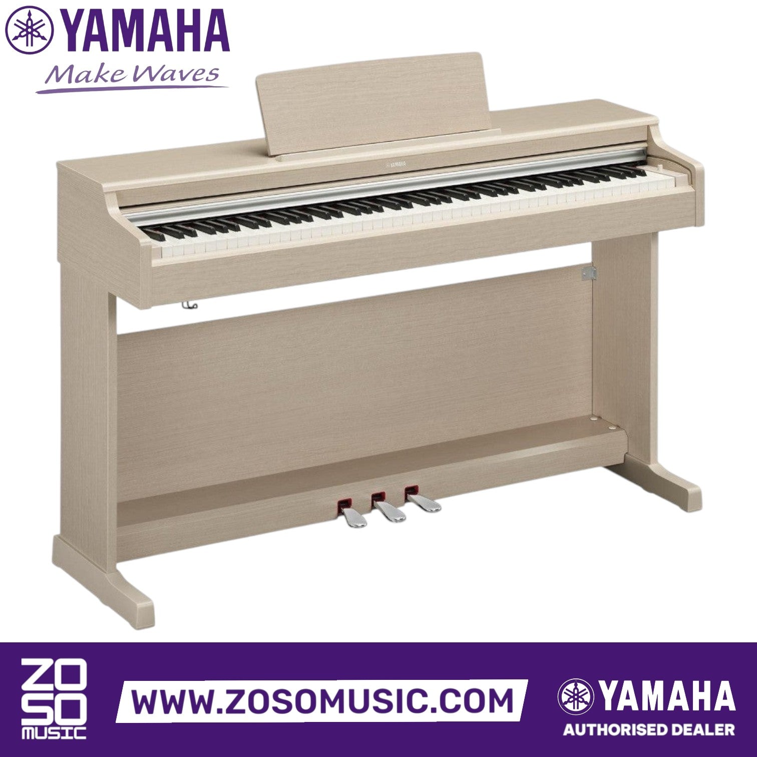 Zoso Music Yamaha Arius YDP-165 digital piano in white ash finish with 88 weighted keys and three pedals