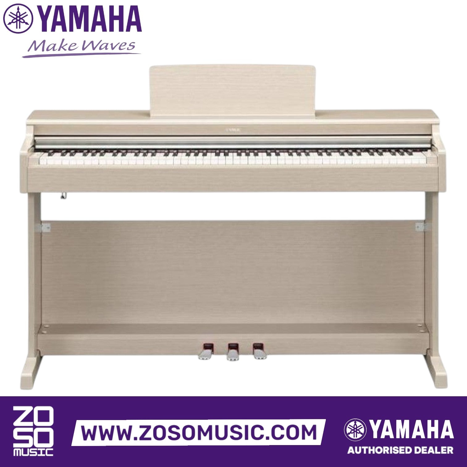 Zoso Music Yamaha Arius YDP-165 digital piano in white ash finish with 88 weighted keys and three pedals.