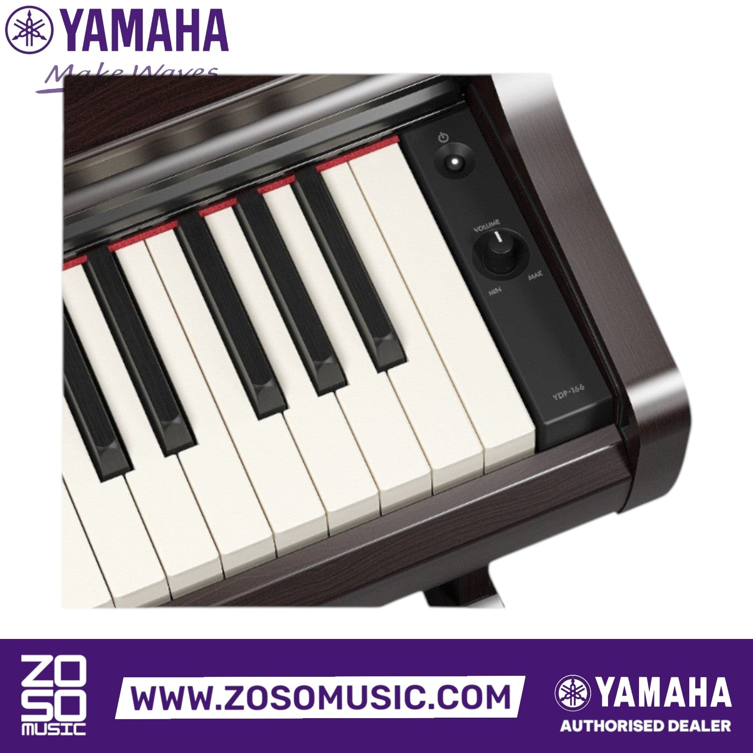 Close-up of the Zoso Music Yamaha Arius YDP-166 digital piano control panel with volume knob and weighted keys.