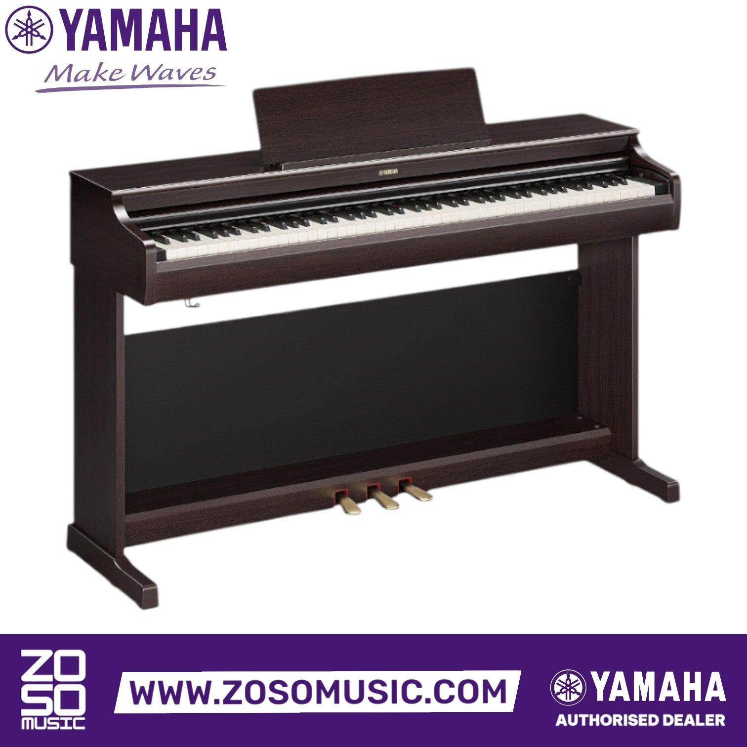Zoso Music Yamaha Arius YDP-166 digital piano in dark rosewood finish with 88 weighted keys and three pedals.