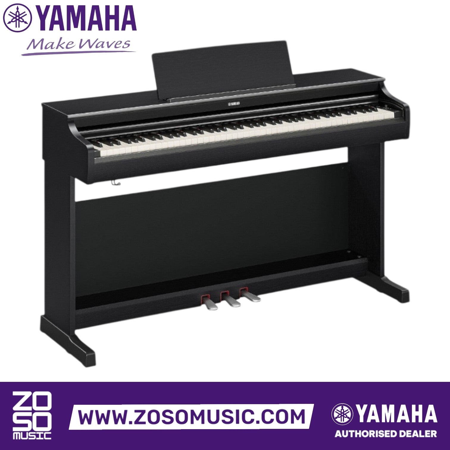Zoso Music Yamaha Arius YDP-166 digital piano in black with 88 weighted keys and three pedals.