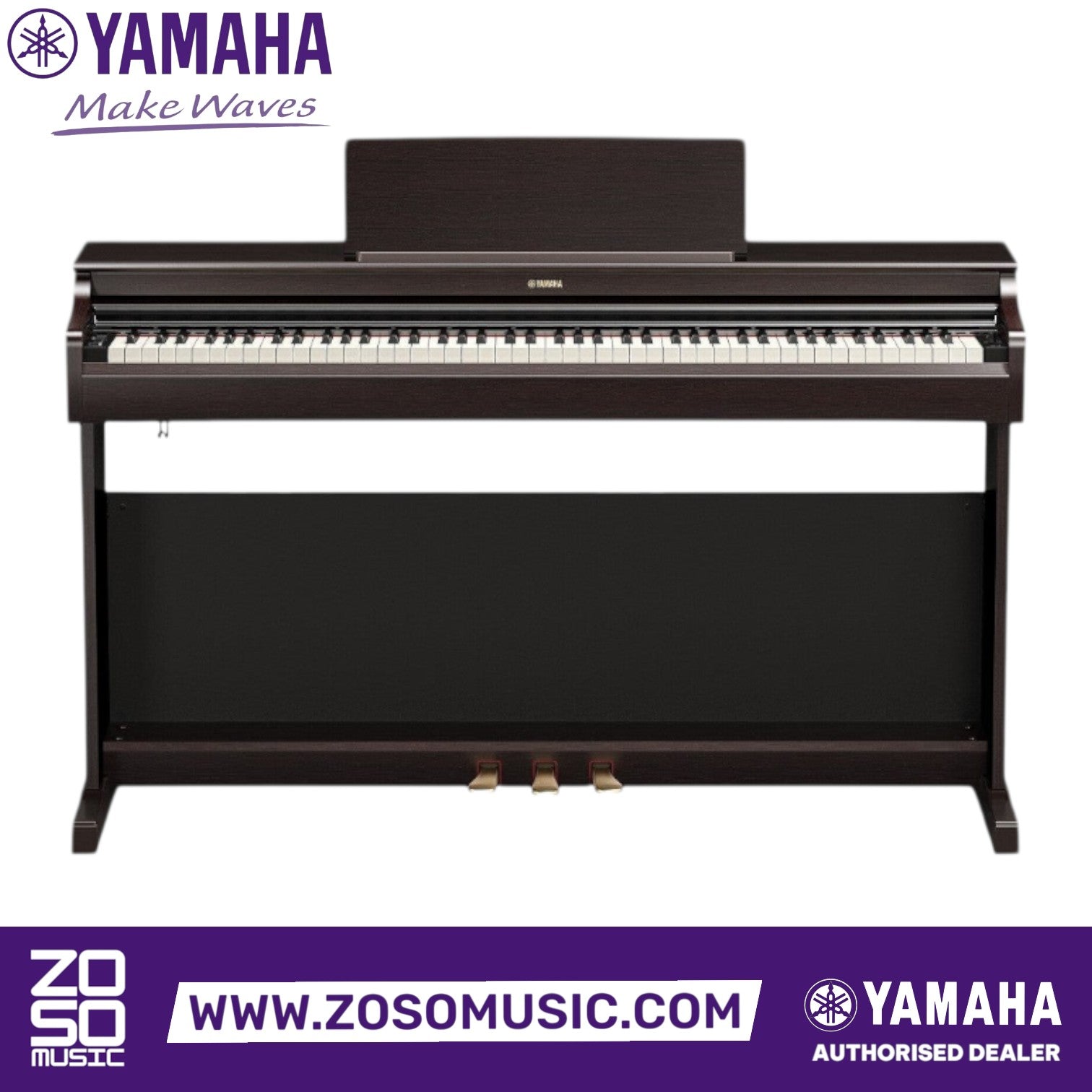 Zoso Music Yamaha Arius YDP-166 digital piano in dark rosewood finish with 88 weighted keys and three pedals.