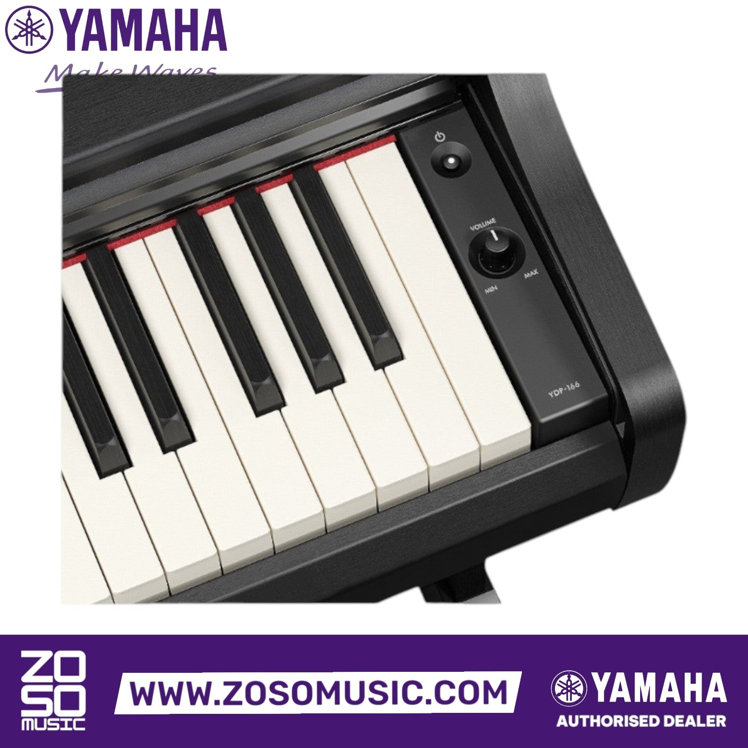 Zoso Music Yamaha Arius YDP-166 digital piano keyboard close-up showing volume knob and weighted keys