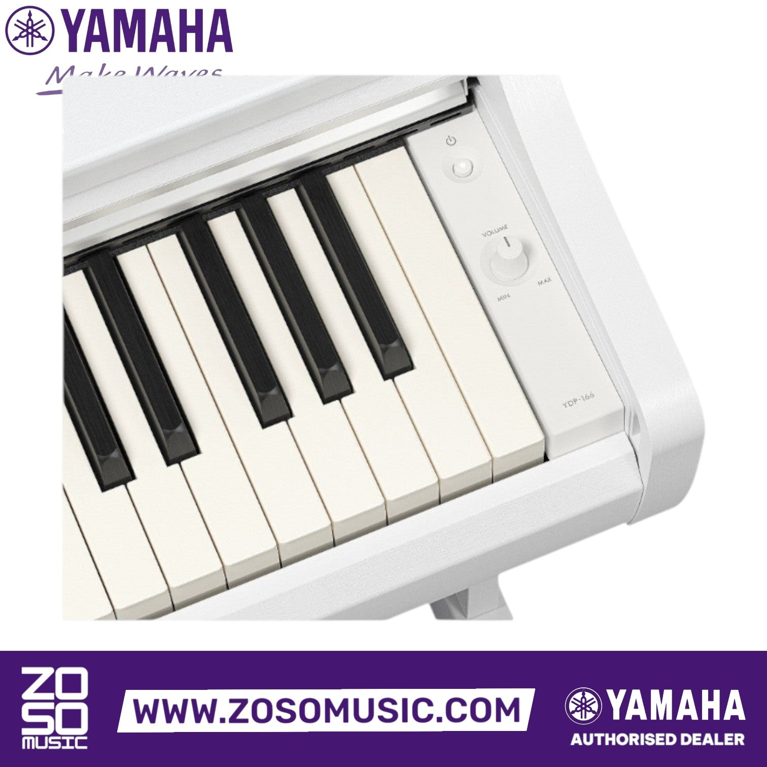 Close-up of white Yamaha Arius YDP-166 digital piano keys and volume control knob from Zoso Music
