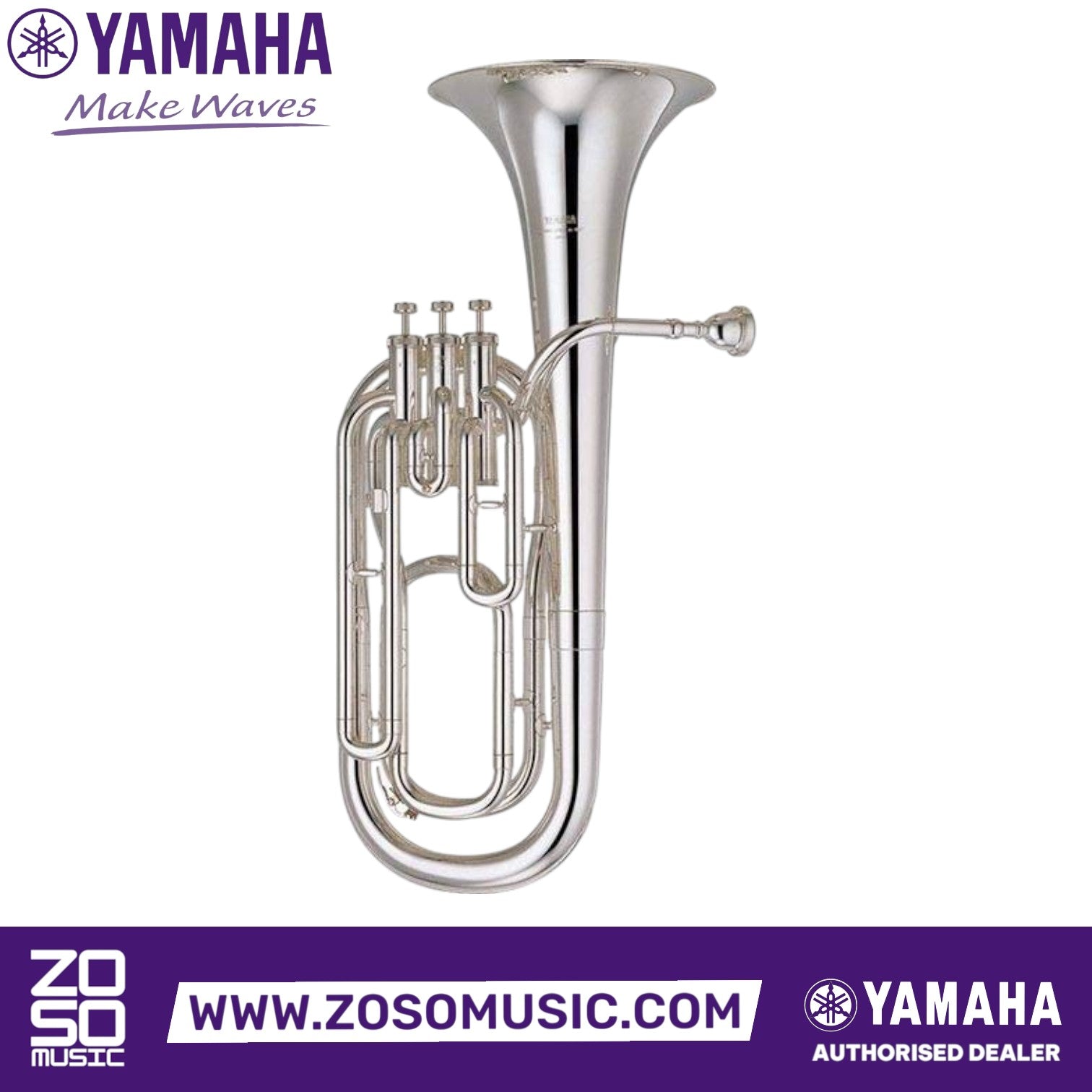 Zoso Music Yamaha YBH-301S Bb baritone horn in silver finish with upright bell, ideal for beginner musicians.