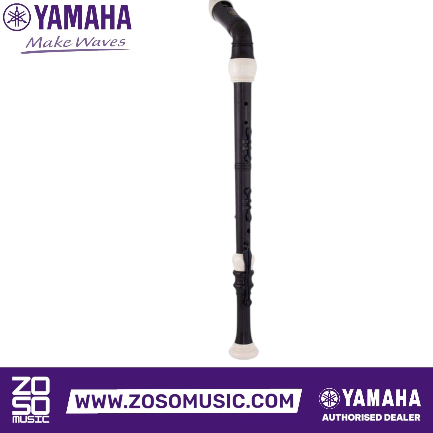 Zoso Music Yamaha YRB-302BII bass recorder in black ABS resin with Baroque fingering and double keys for F and F#.