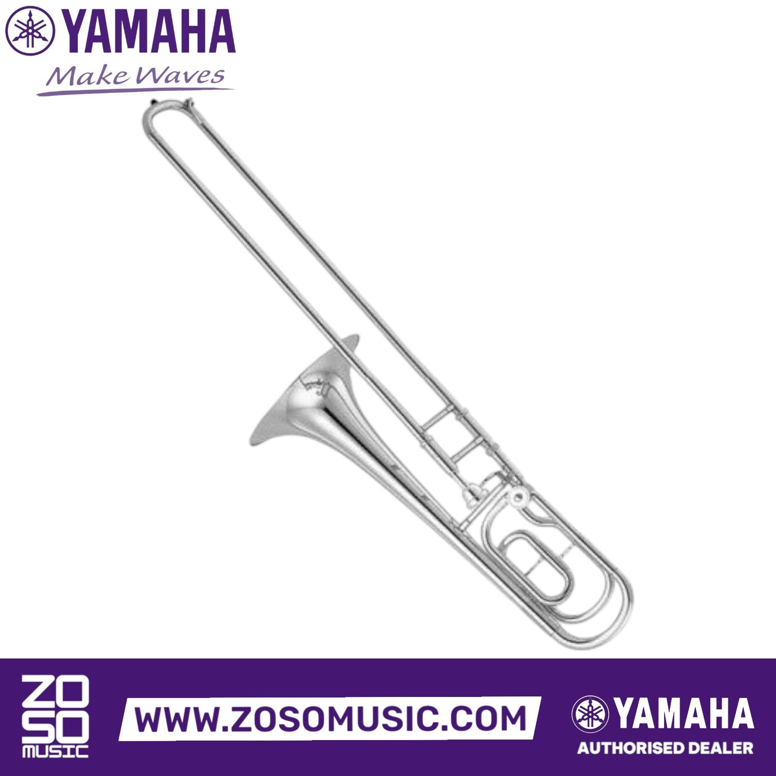 Zoso Music Yamaha YBL-421GS intermediate bass trombone with silver finish, gold brass bell, and single rotor system.