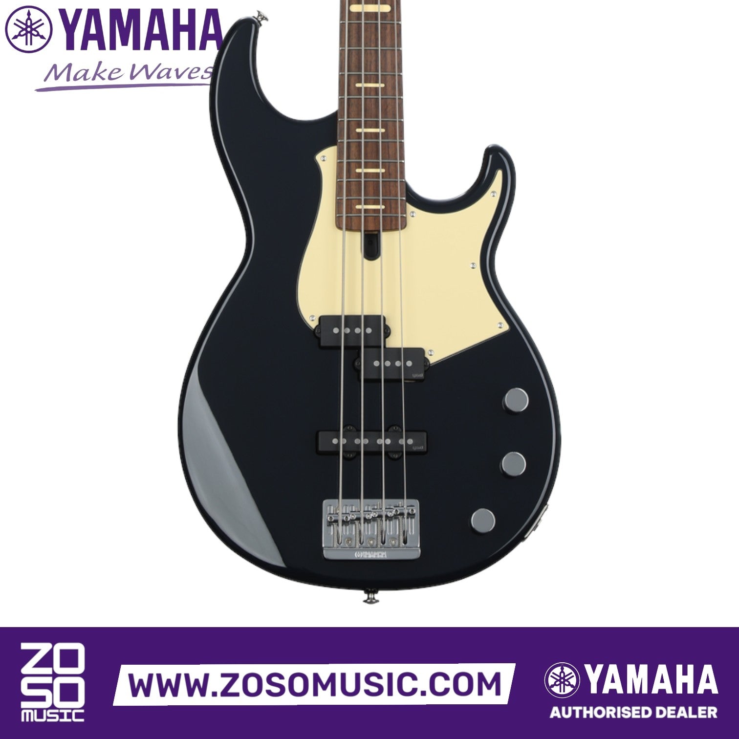 Zoso Music Yamaha BBP34 4-string electric bass guitar in midnight blue with a cream pickguard and rosewood fingerboard.