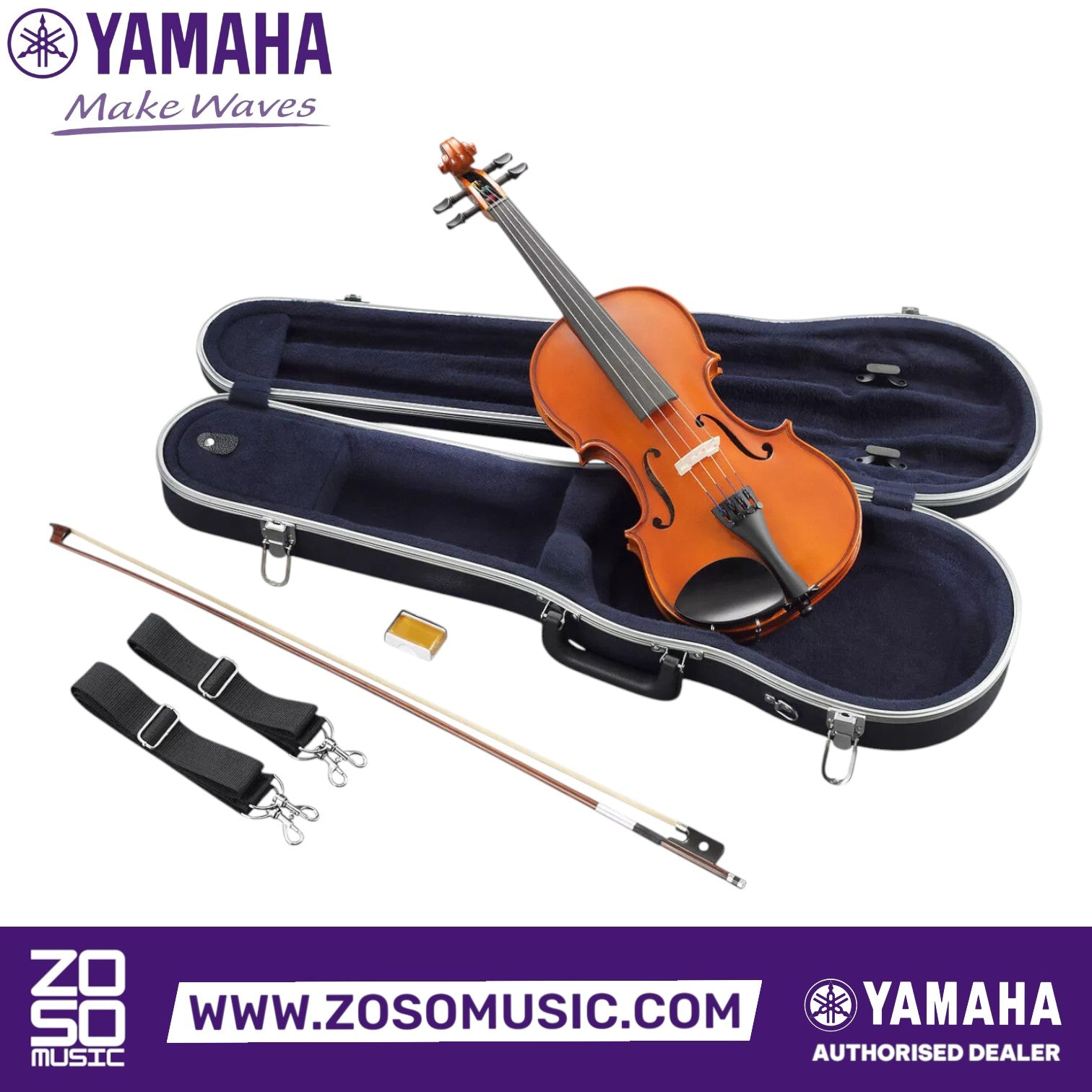 Zoso Music Yamaha V3SKA12 1/2 size beginner acoustic violin with spruce top, maple body, bow, rosin, and hard case.