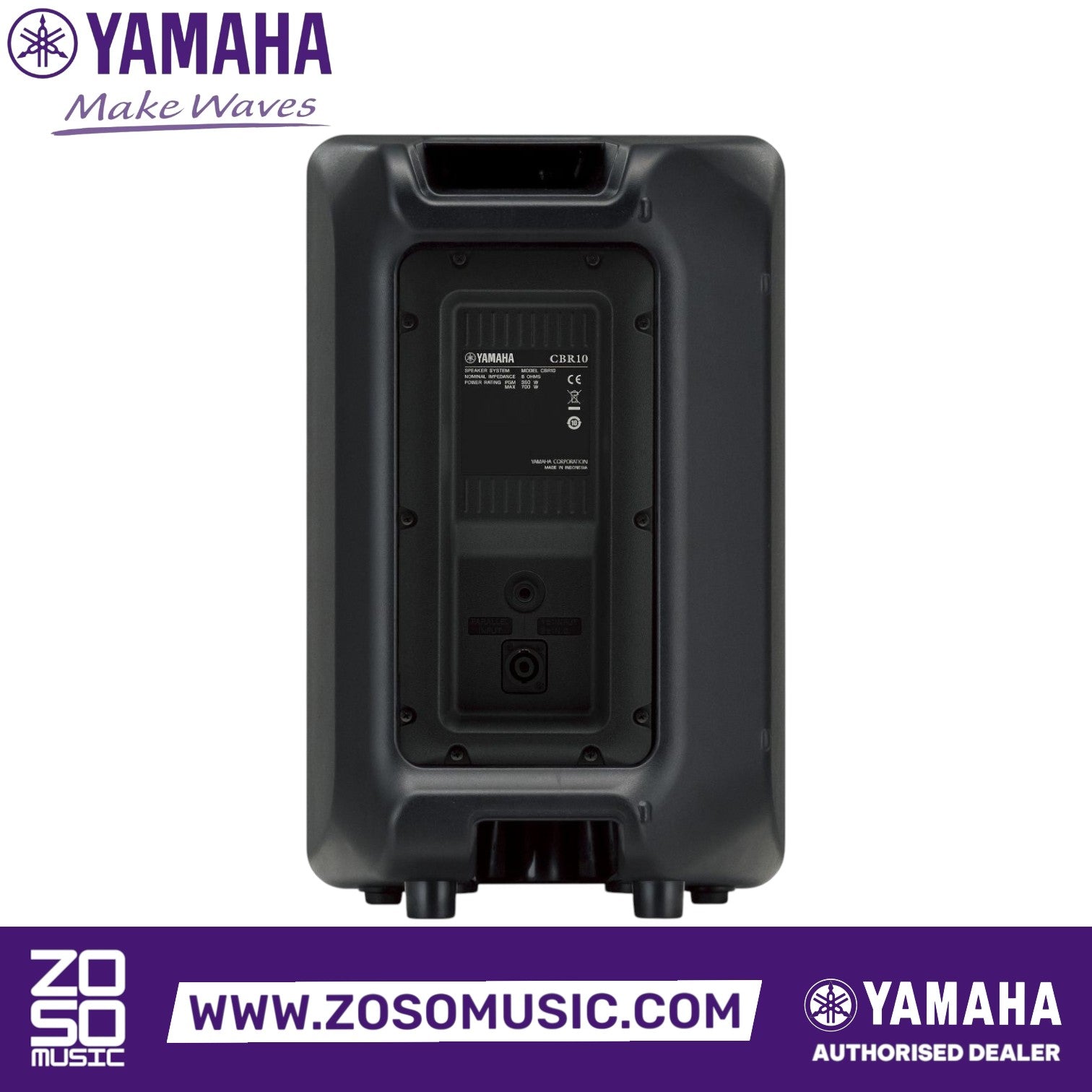 Rear view of the Zoso Music Yamaha CBR10 10-inch passive speaker showing input ports and product label