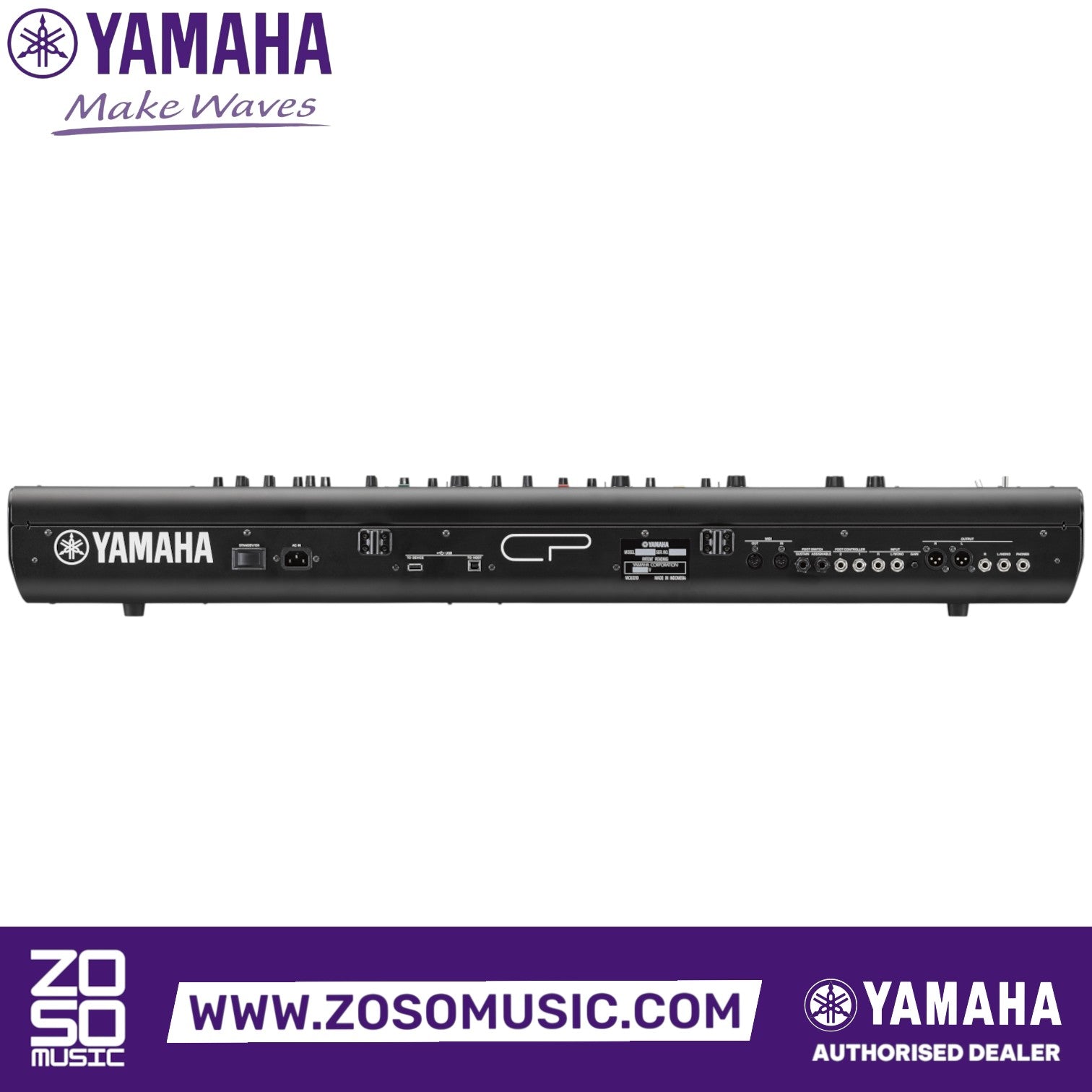 Rear panel of the Zoso Music Yamaha CP73 stage piano showing various audio, MIDI, and USB connectivity ports.