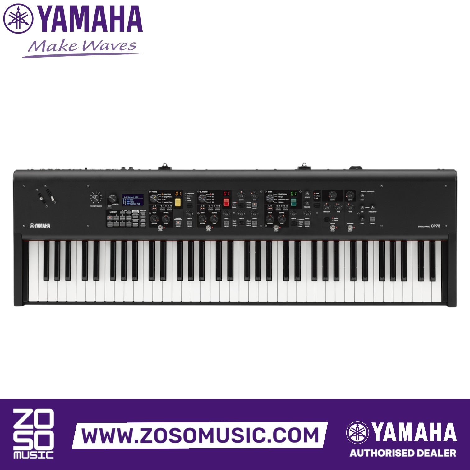 Zoso Music Yamaha CP73 73-key stage piano featuring a black chassis, balanced hammer action keys, and control panel.