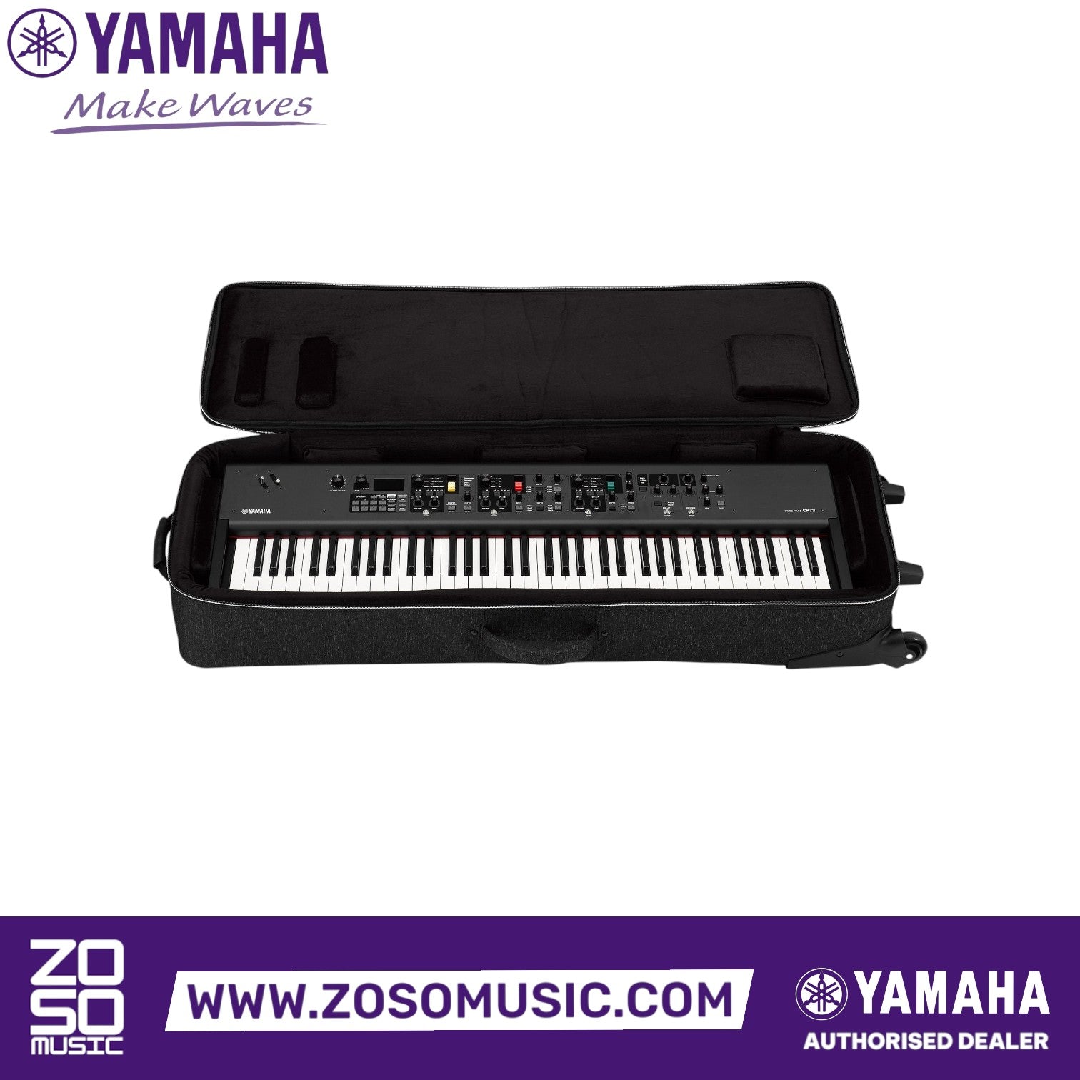 Zoso Music Yamaha CP73 stage piano inside a black padded wheeled soft carrying case with open lid