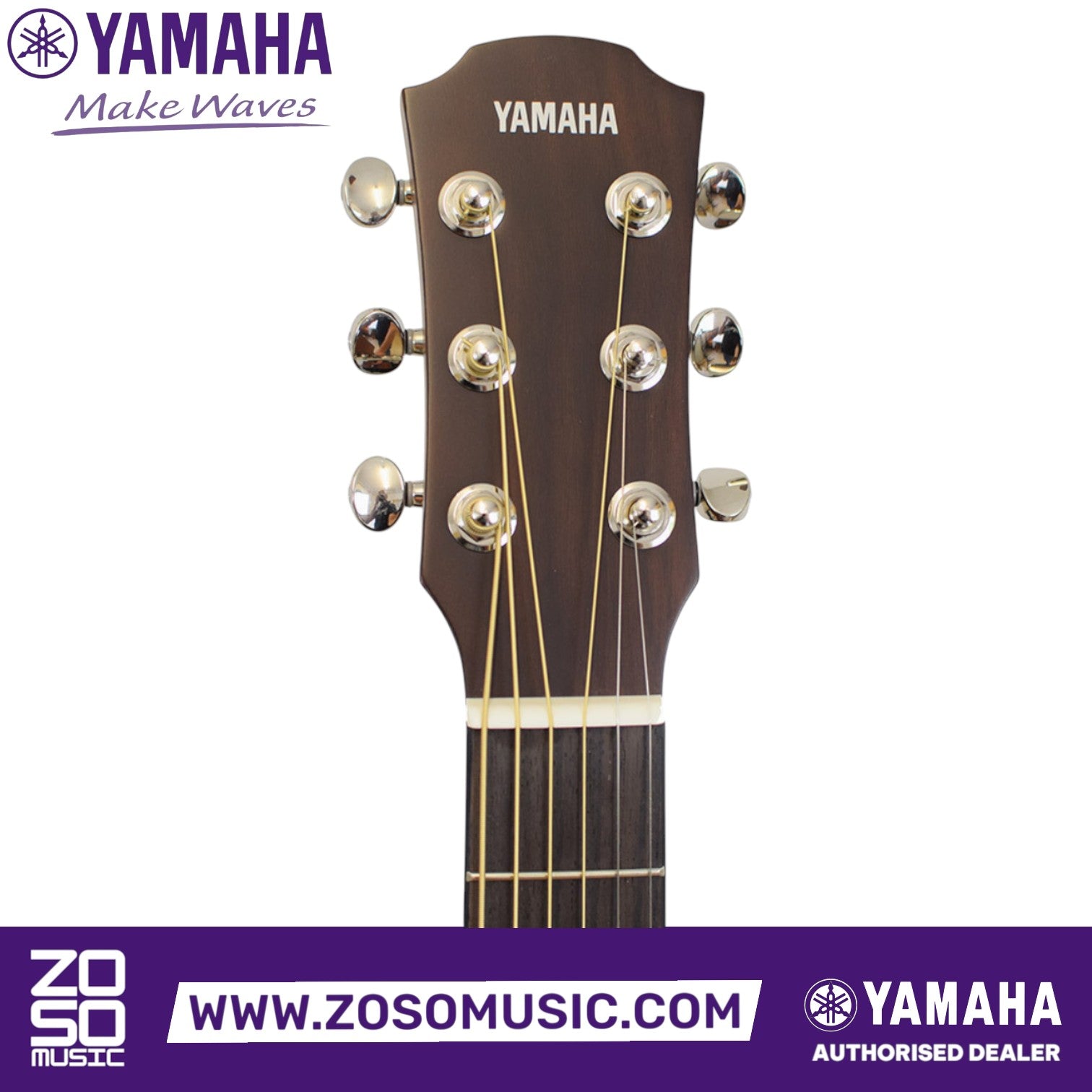 Zoso Music Yamaha CSF1M acoustic guitar headstock with chrome tuning machines and steel strings