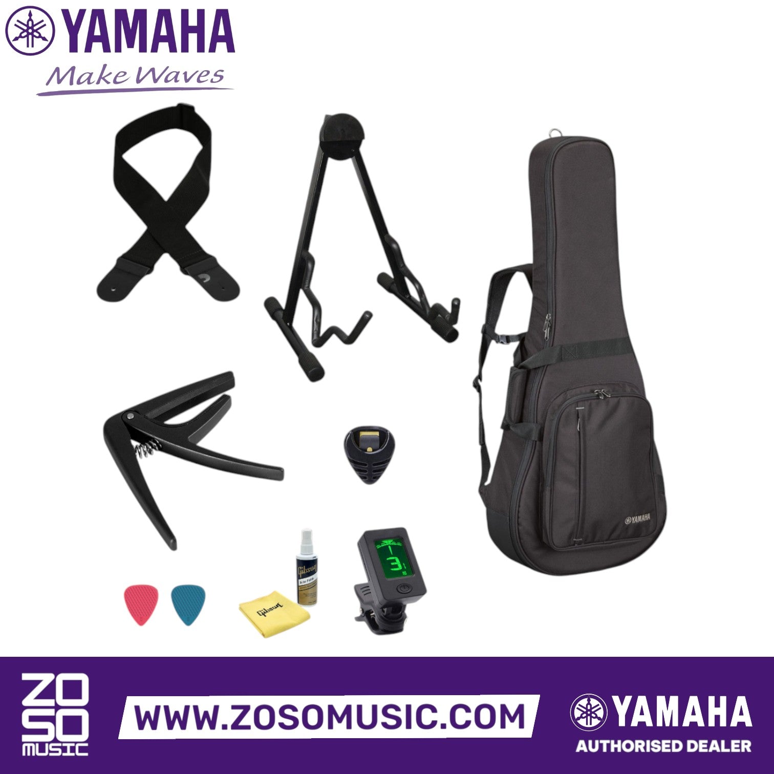 Zoso Music bundle for Yamaha CSF3M guitar including hard gig bag, stand, capo, tuner, strap, picks, and cleaning kit.
