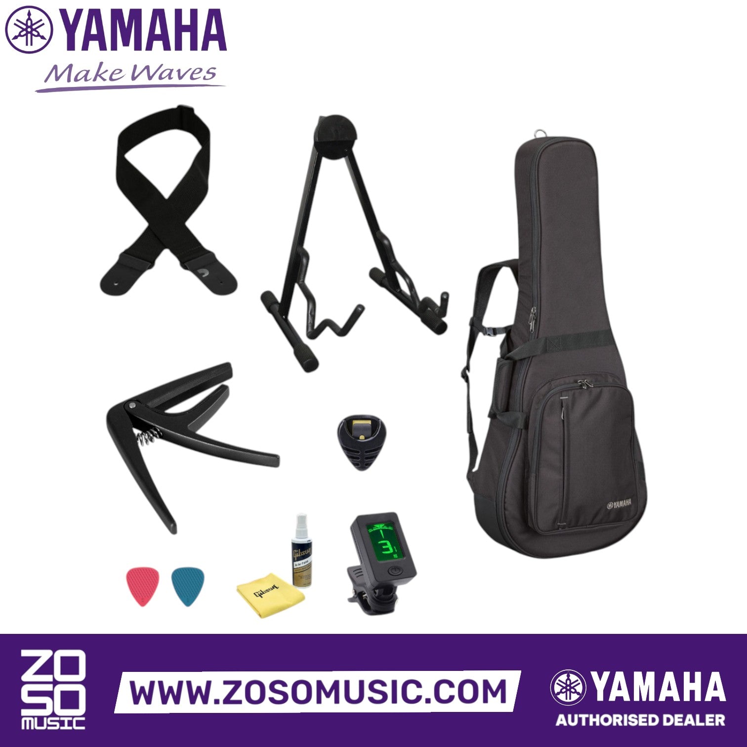 Zoso Music bundle for Yamaha CSF3M guitar including hard gig bag, stand, capo, tuner, strap, picks, and polish kit.