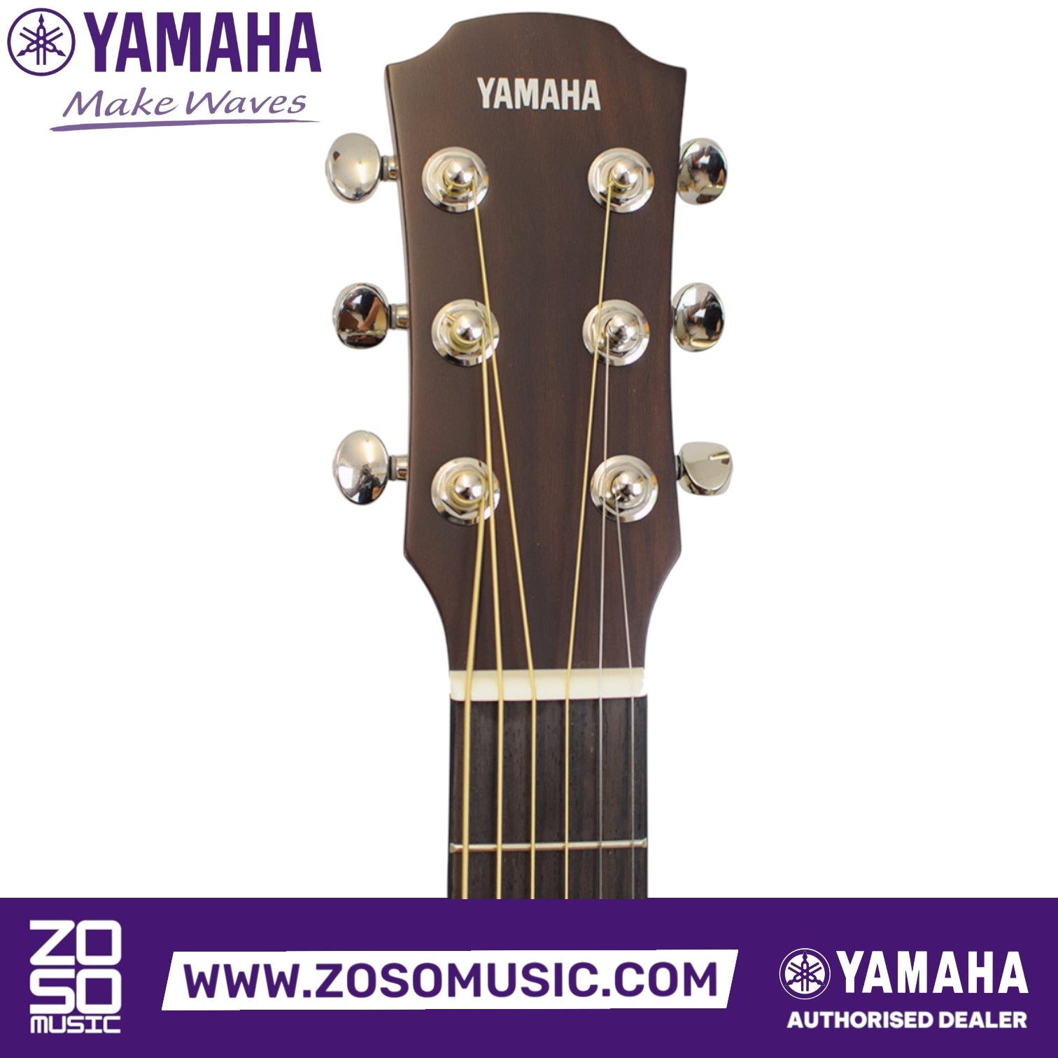 Headstock of a Yamaha CSF3M acoustic guitar with chrome tuning machines, sold by Zoso Music