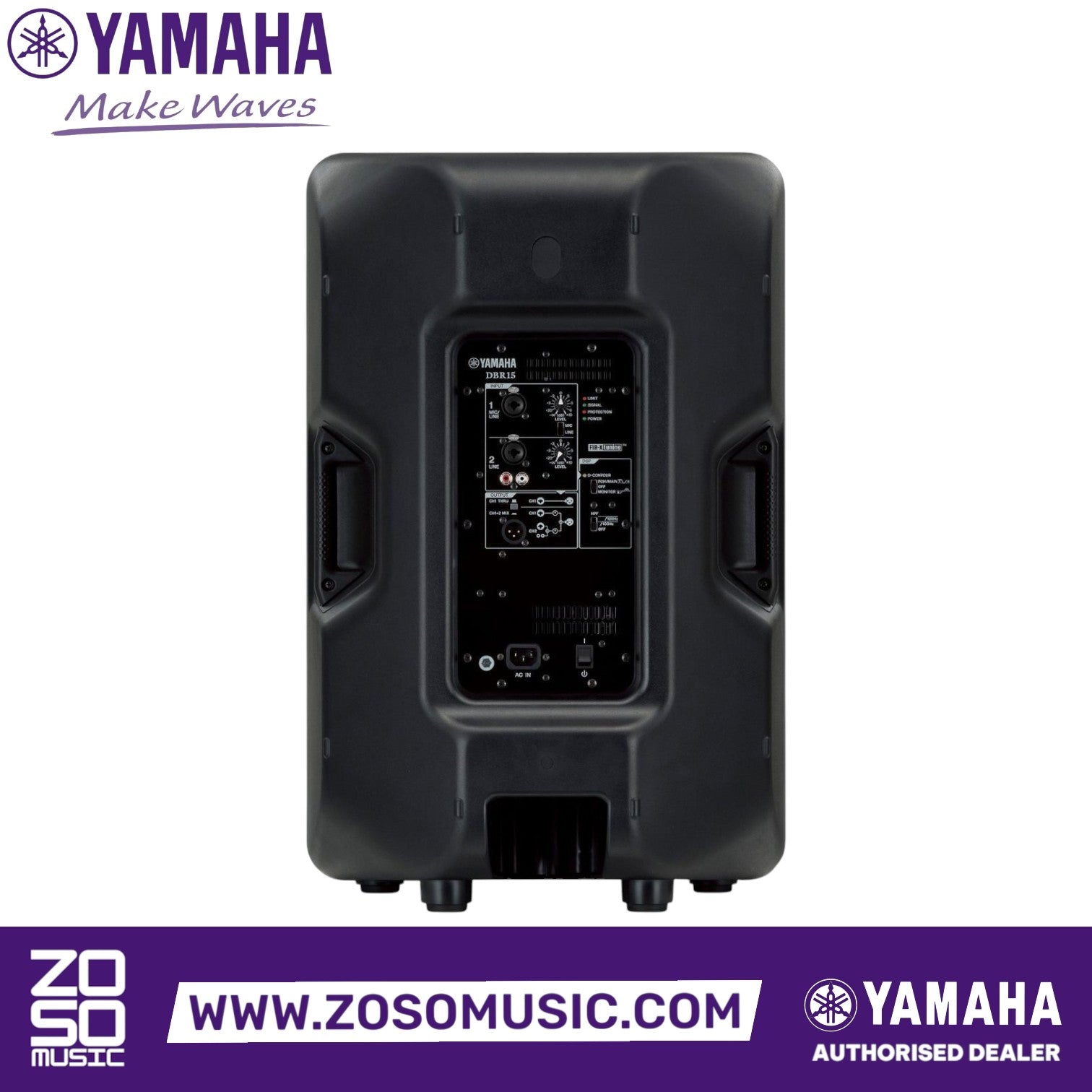 Zoso Music Yamaha DBR15 15-inch powered loudspeaker rear control panel view with input and output ports