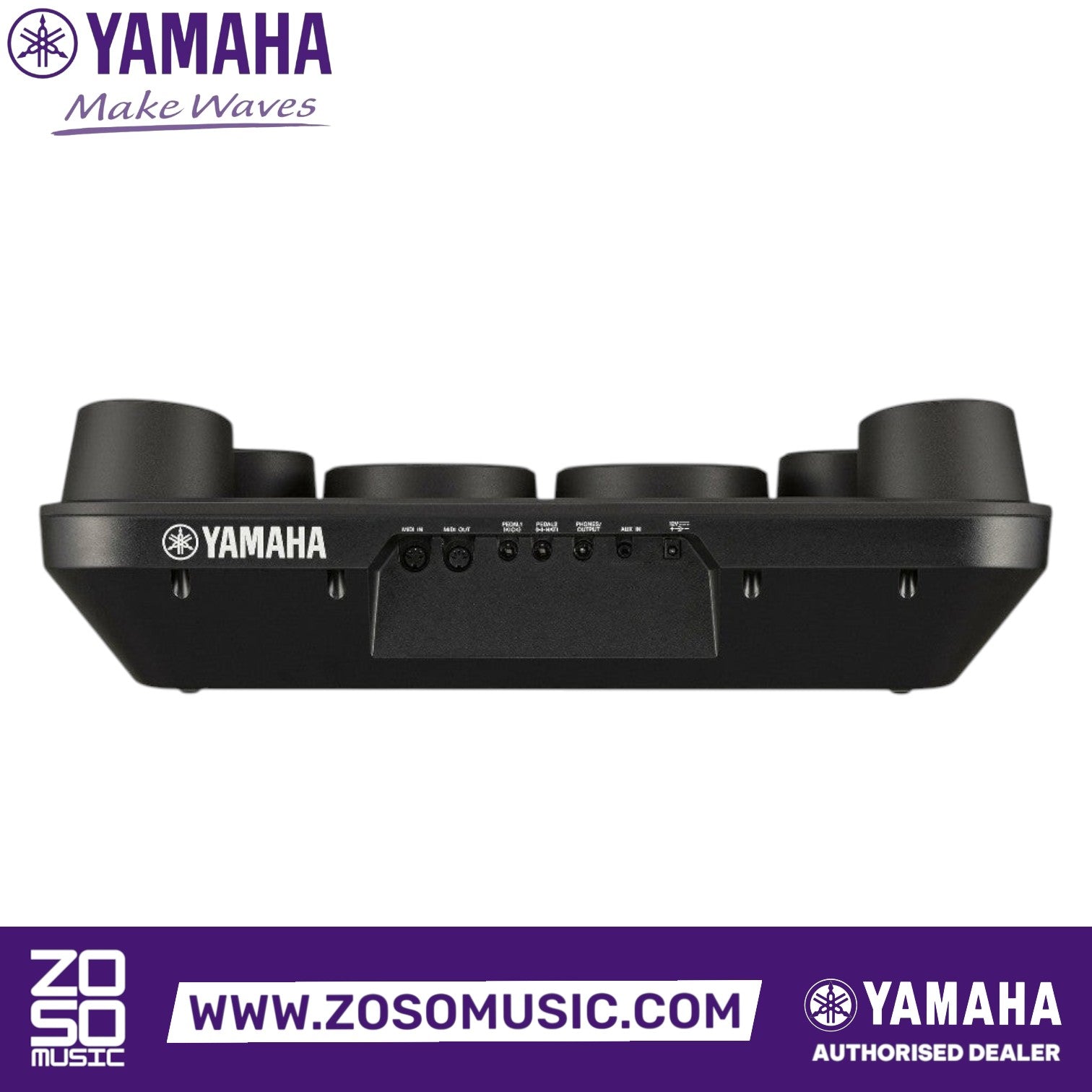 Zoso Music Yamaha DD75 portable digital drum set rear panel showing MIDI, pedal, and auxiliary input ports