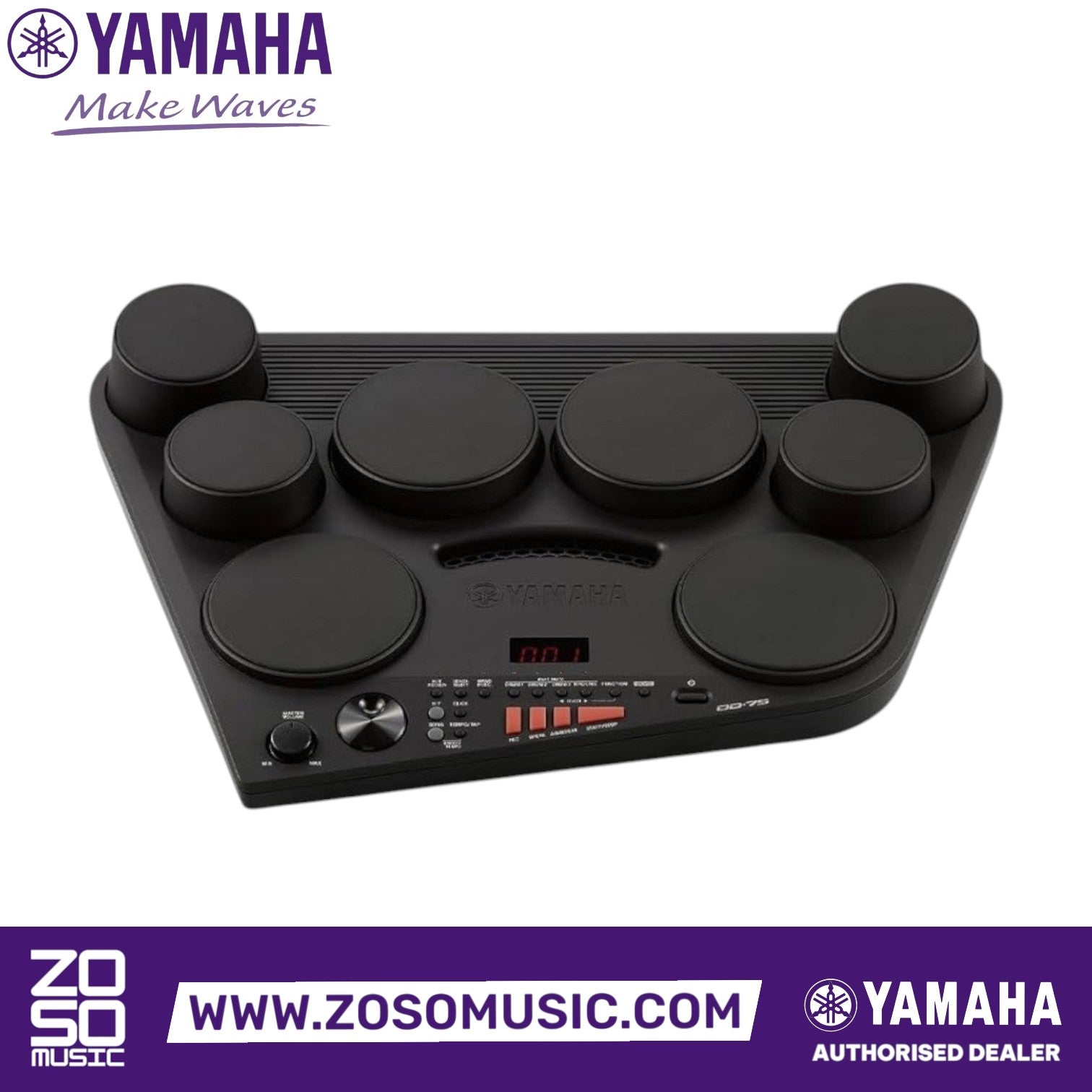 Zoso Music Yamaha DD75 portable digital drum set with eight touch-sensitive black pads and control interface