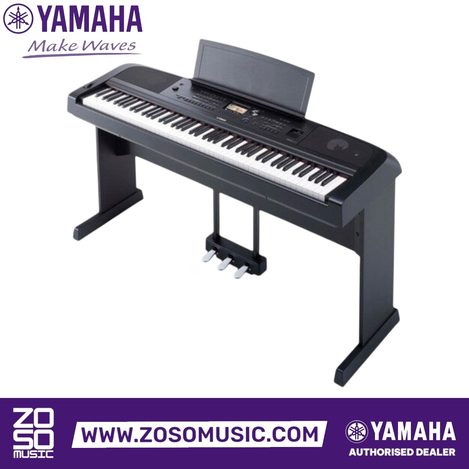 Zoso Music Yamaha DGX-670 88-key digital piano in black with weighted action, stand, and triple pedal unit