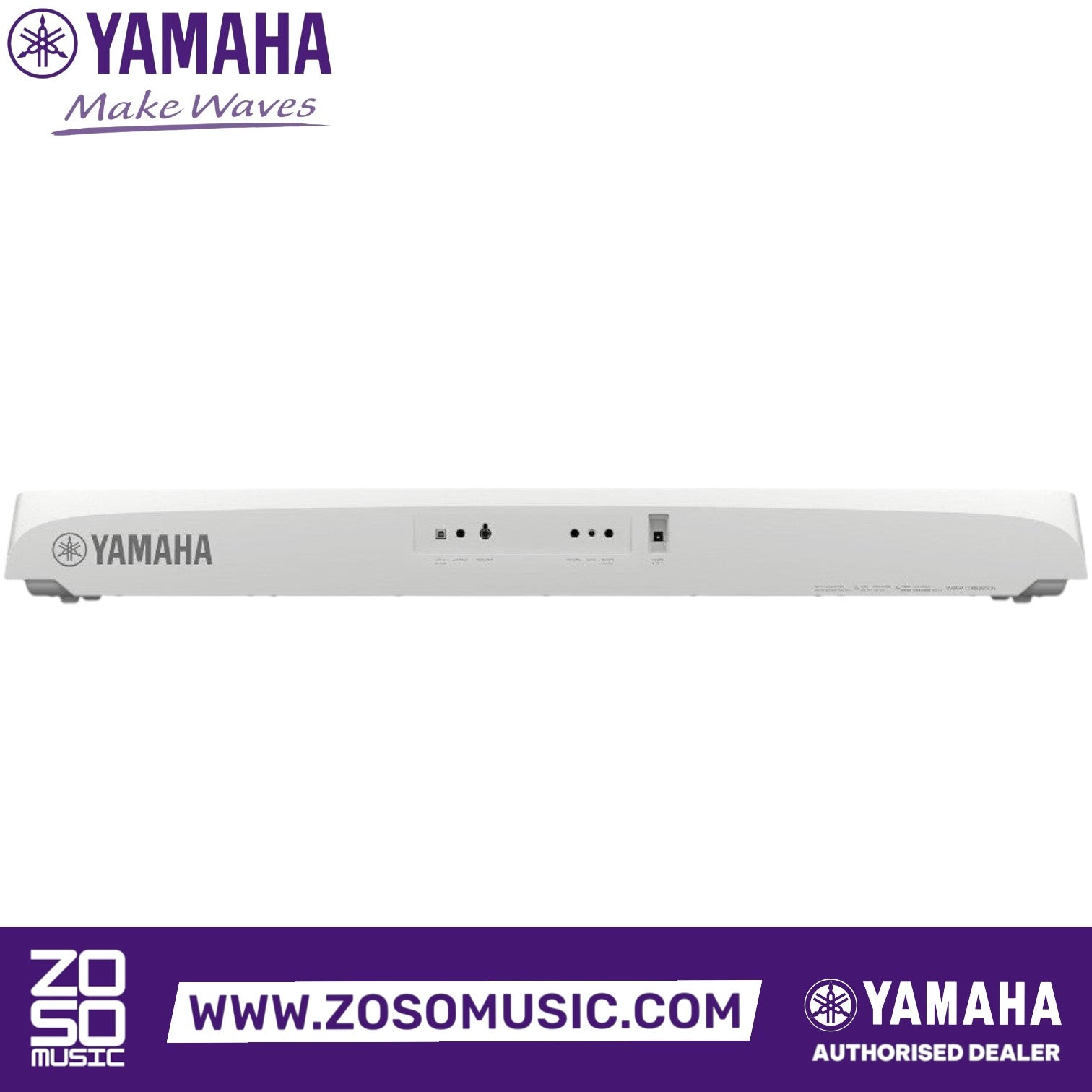 Rear view of the white Yamaha DGX-670 digital piano showing connectivity ports and power input from Zoso Music