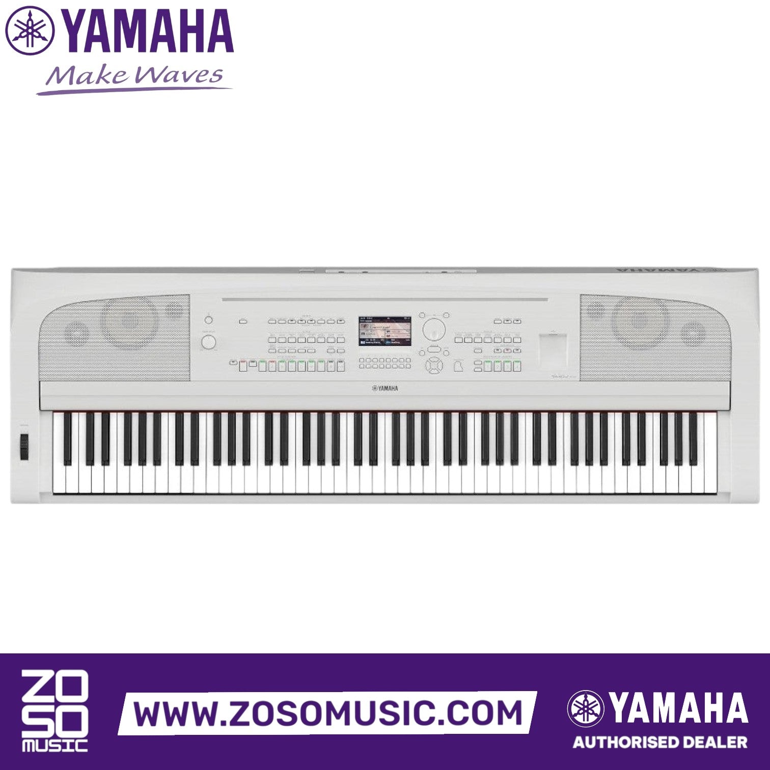 Zoso Music Yamaha DGX-670 88-key digital piano in white with integrated speakers and color LCD display
