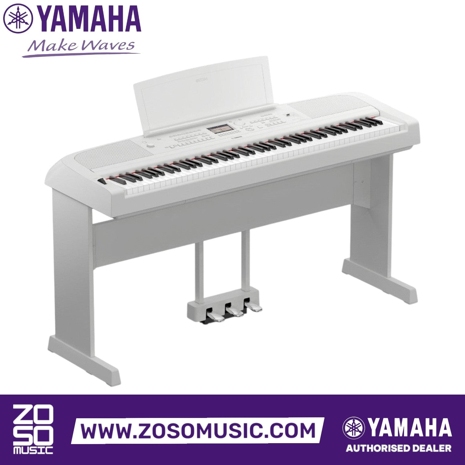 Zoso Music white Yamaha DGX-670 88-key digital piano with stand and triple pedal unit on a white background.