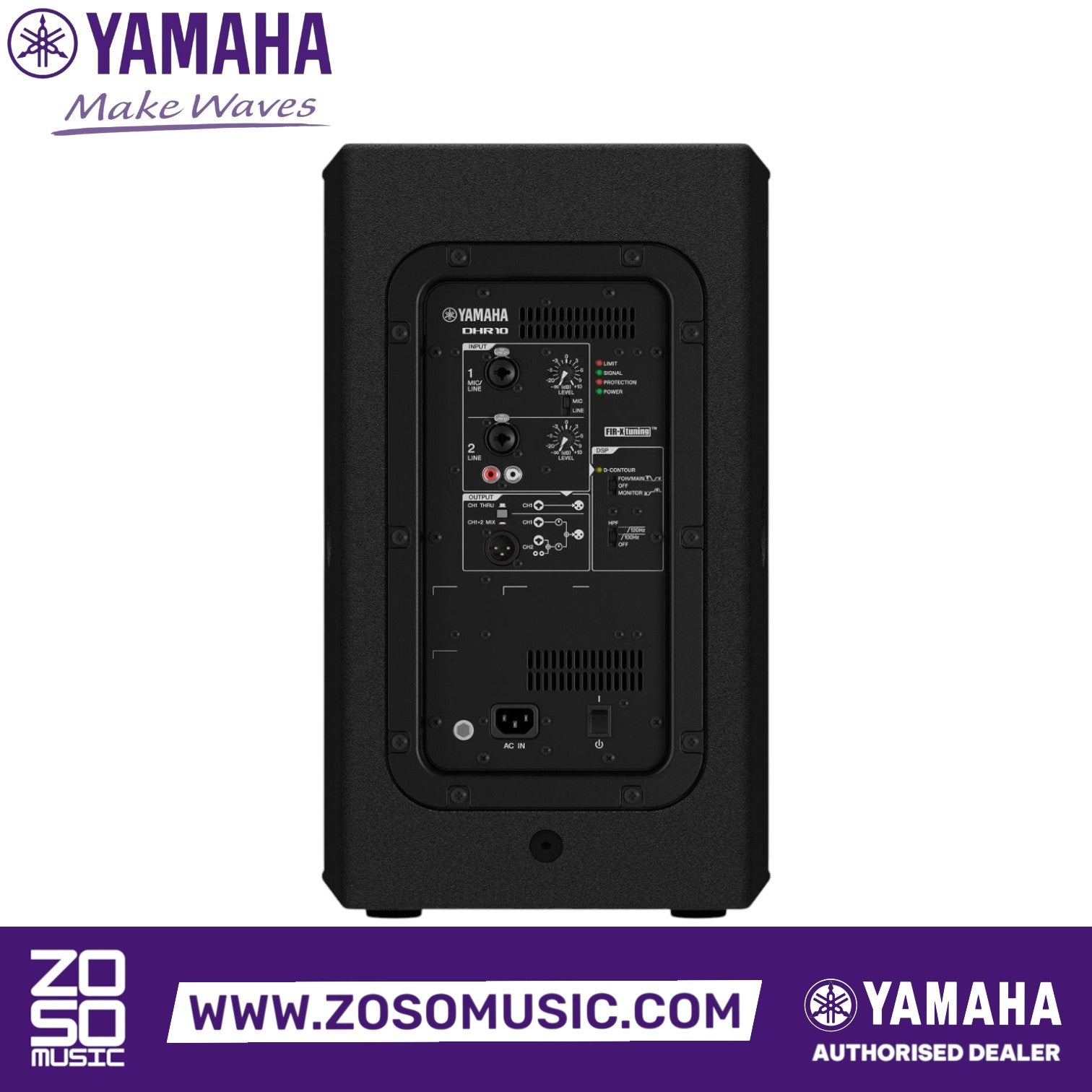 Rear panel of the Zoso Music Yamaha DHR10 700-watt powered loudspeaker showing input controls and DSP settings.