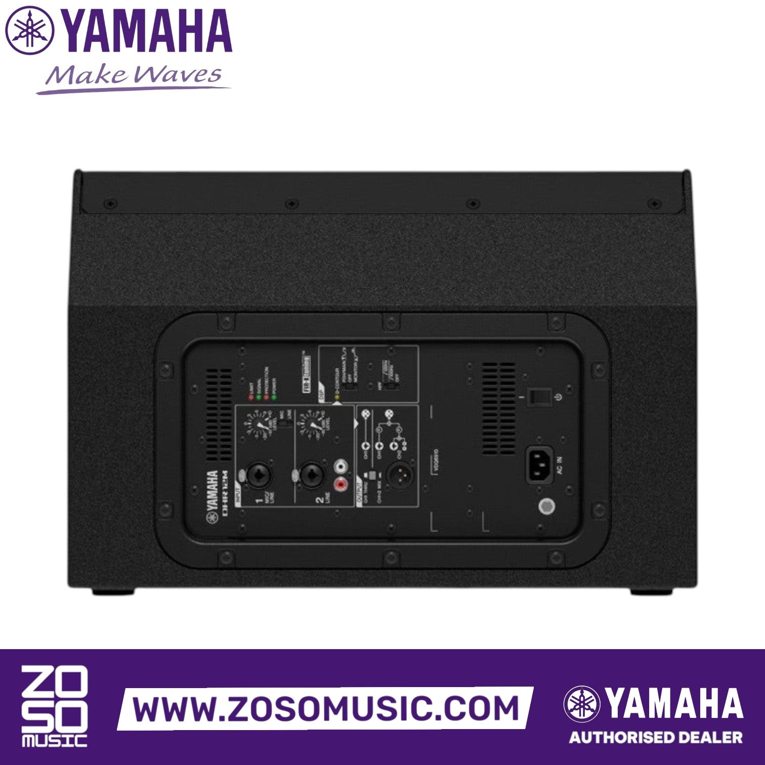 Zoso Music Yamaha DHR12M powered loudspeaker rear control panel showing XLR inputs and DSP settings on a black cabinet