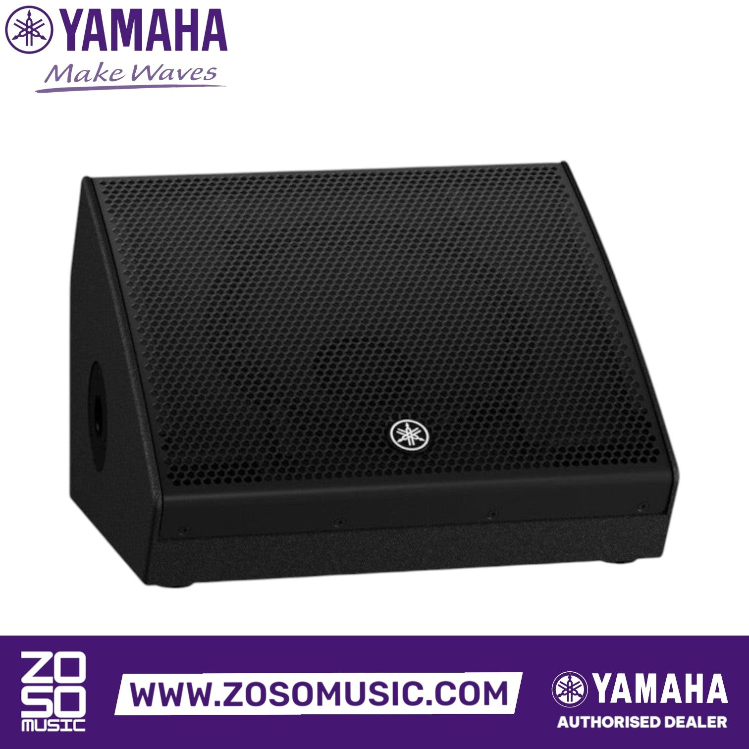 Zoso Music Yamaha DHR12M 12-inch powered floor monitor speaker with a black polyurea-coated plywood enclosure