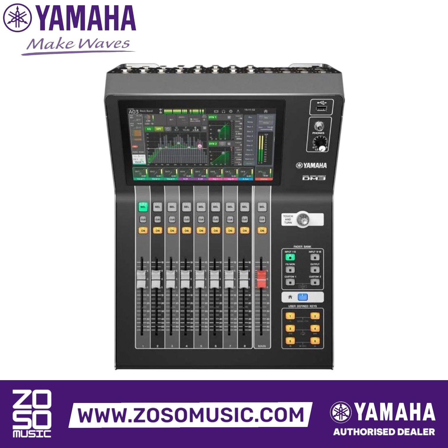 Zoso Music Yamaha DM3S 22-channel compact digital mixer with 9-inch touchscreen and motorized faders