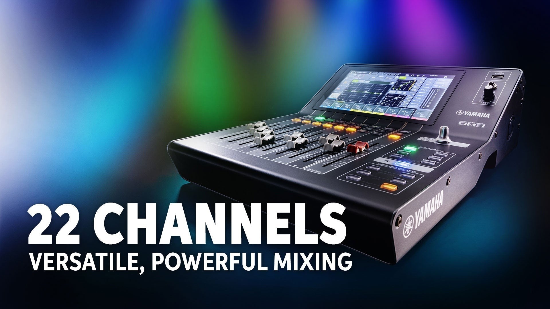 Zoso Music Yamaha DM3S 22-channel compact digital mixer with 9-inch touchscreen and motorized faders.