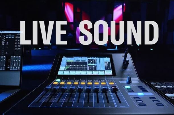 Zoso Music Yamaha DM3S 22-channel digital mixer with 9-inch touchscreen and motorized faders in a live sound setup.