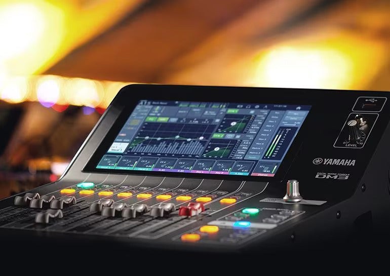 Zoso Music Yamaha DM3S 22-channel digital mixer with 9-inch touchscreen and motorized faders in a studio setting