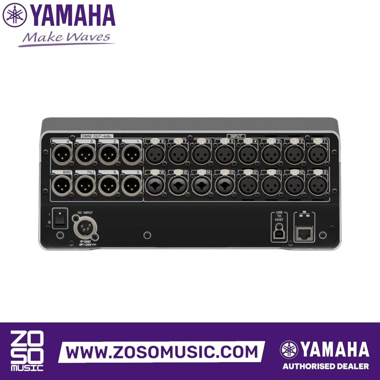 Rear panel of Zoso Music Yamaha DM3S digital mixer showing XLR inputs, outputs, USB, and LAN ports.