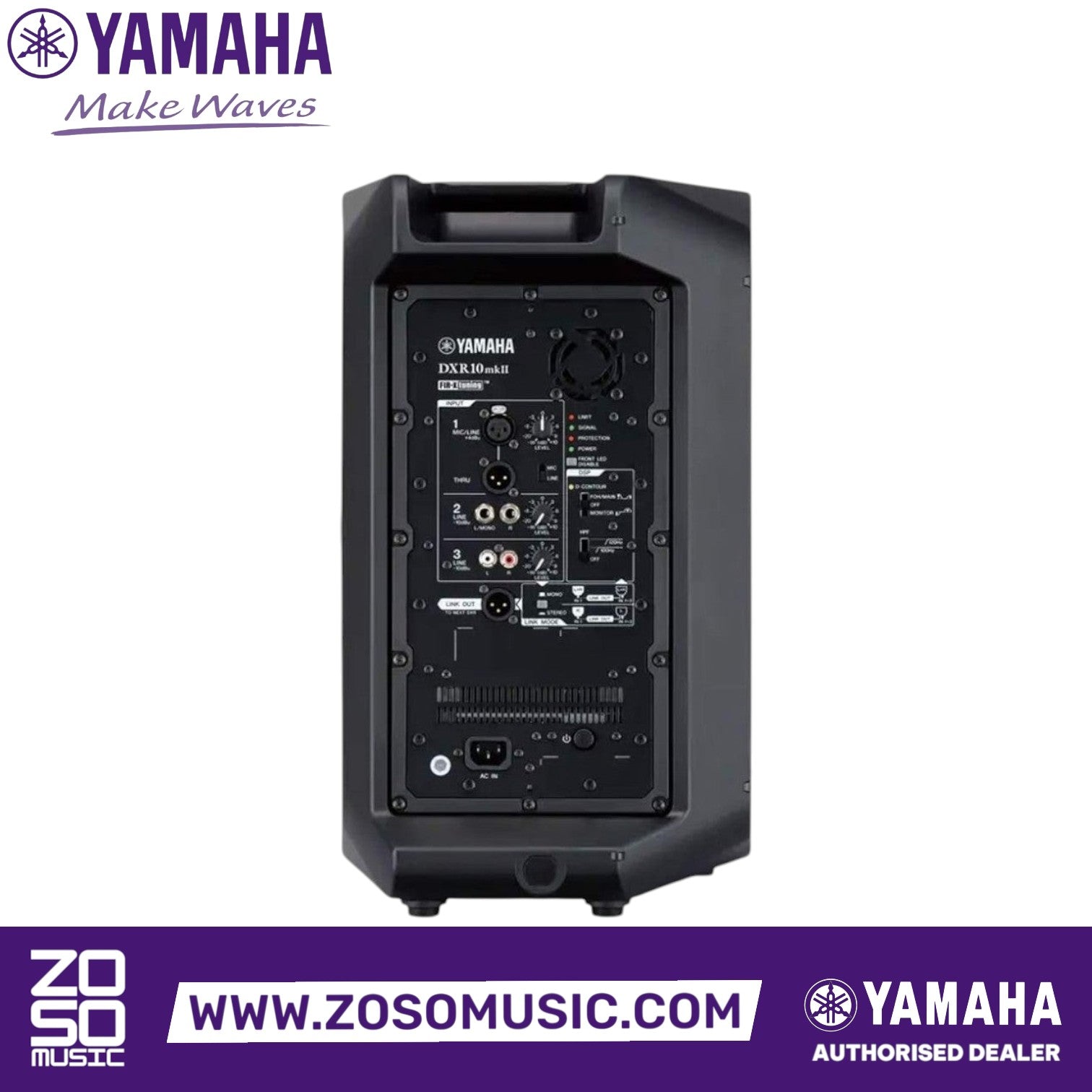 Rear panel of Zoso Music Yamaha DXR10 mkII powered speaker showing XLR inputs, mixer controls, and cooling fan.