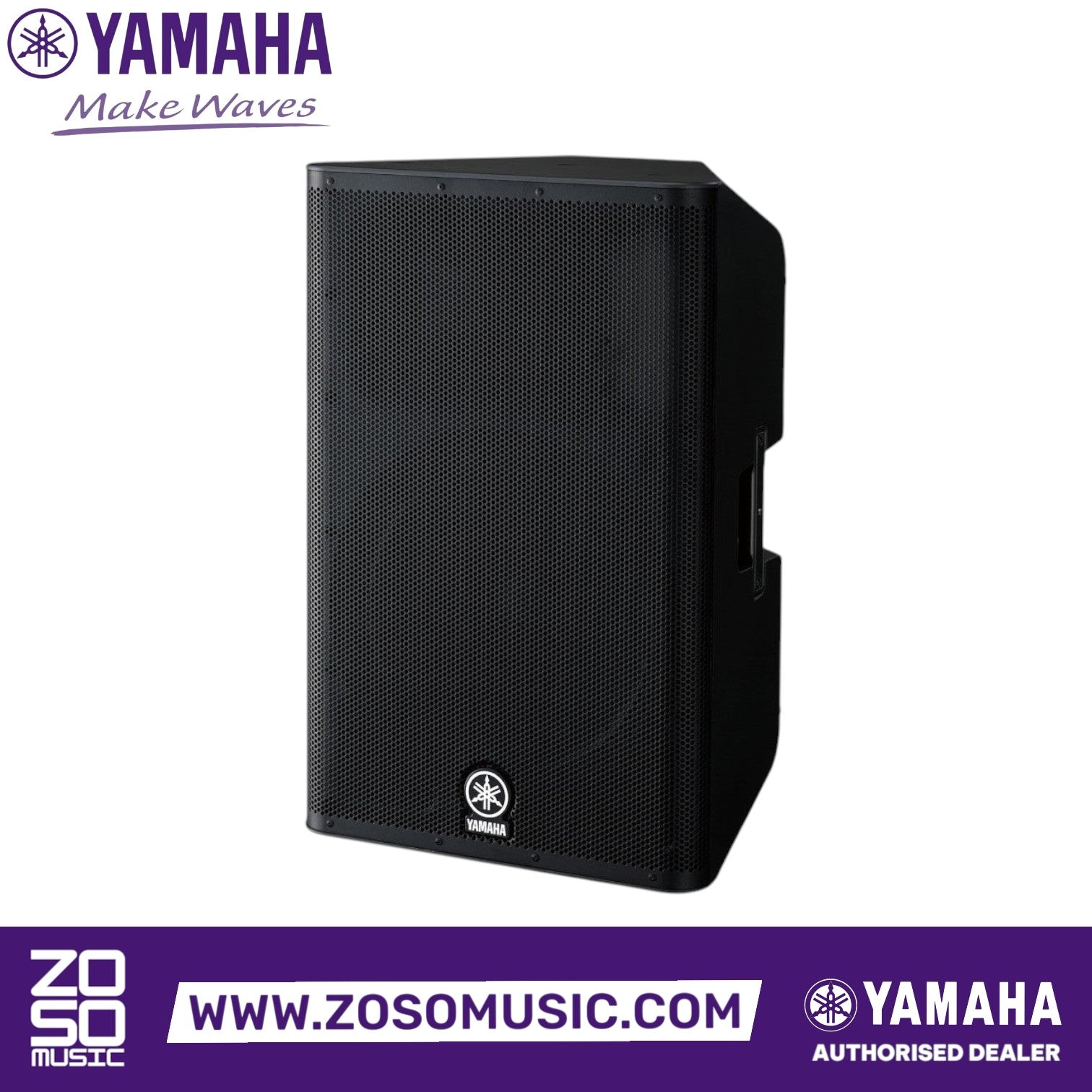 Zoso Music Yamaha DXR15 mkII 15-inch powered PA speaker in a durable black ABS enclosure with front grille