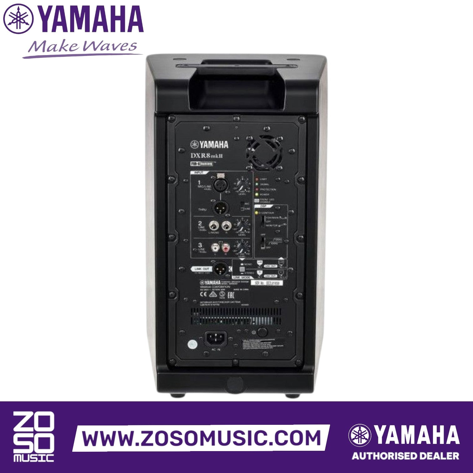 Rear panel of the Zoso Music Yamaha DXR8 mkII 1100-Watt powered speaker showing inputs, mixer controls, and ports.