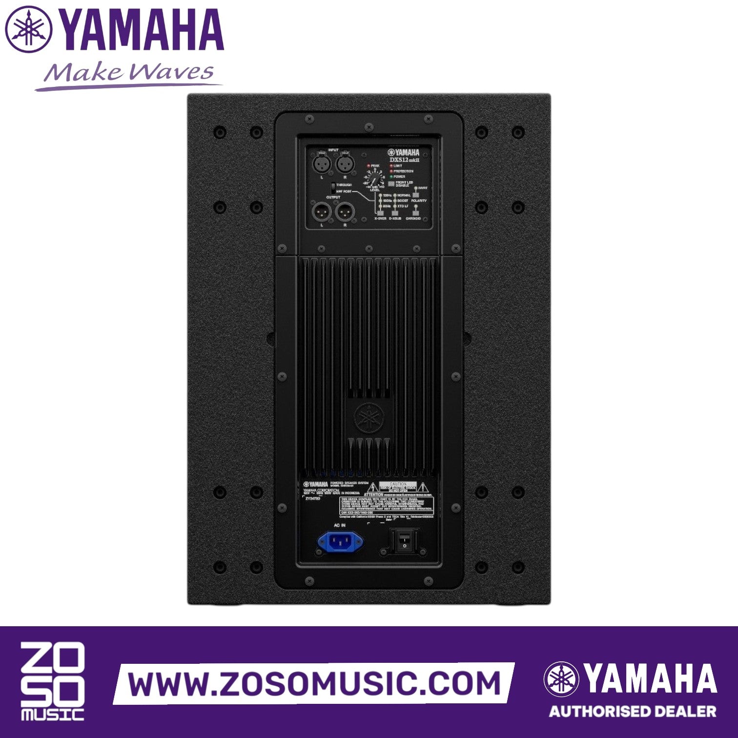 Rear panel of Zoso Music Yamaha DXS12 MKII active subwoofer showing XLR inputs, DSP controls, and power connection