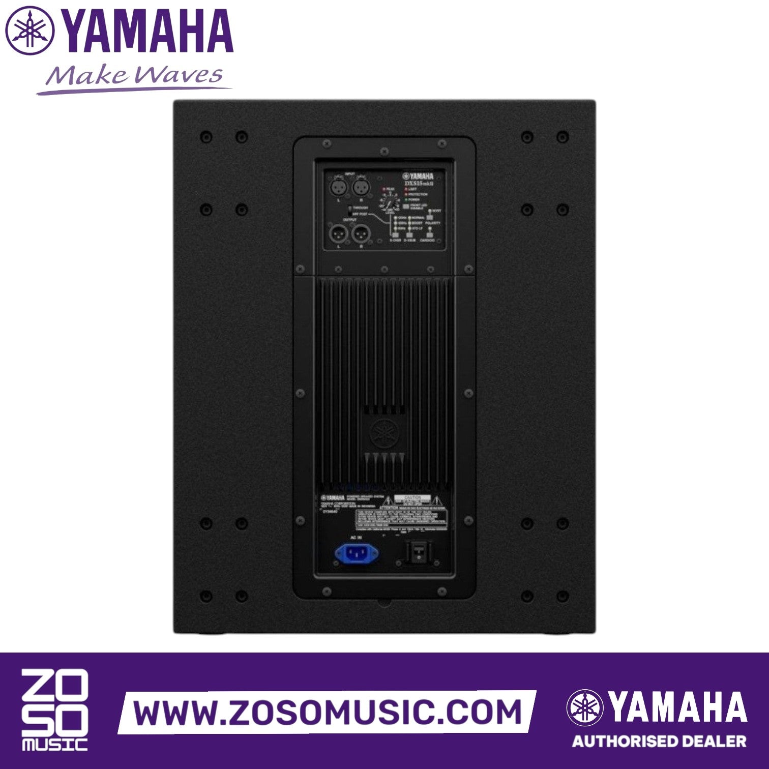 Zoso Music Yamaha DXS15 MKII active subwoofer rear panel showing input, output, and power connections.