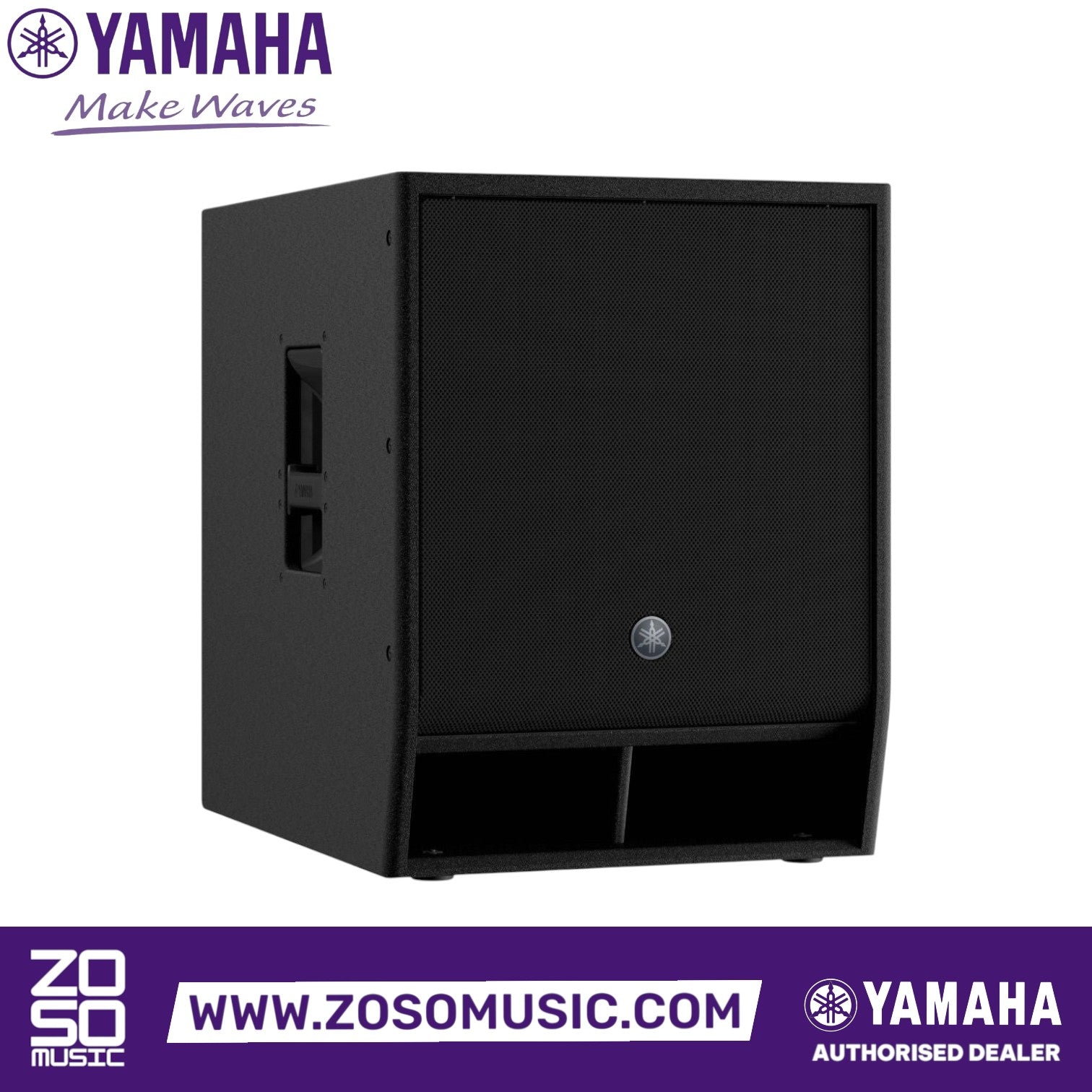 Zoso Music Yamaha DXS15XLF 15-inch powered subwoofer in a black plywood cabinet with a durable polyurea finish.