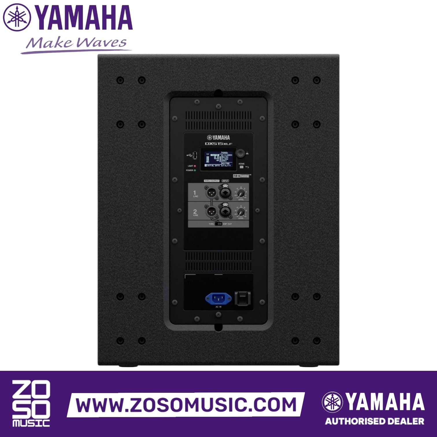 Zoso Music Yamaha DXS15XLF powered subwoofer rear control panel with LCD display and XLR inputs