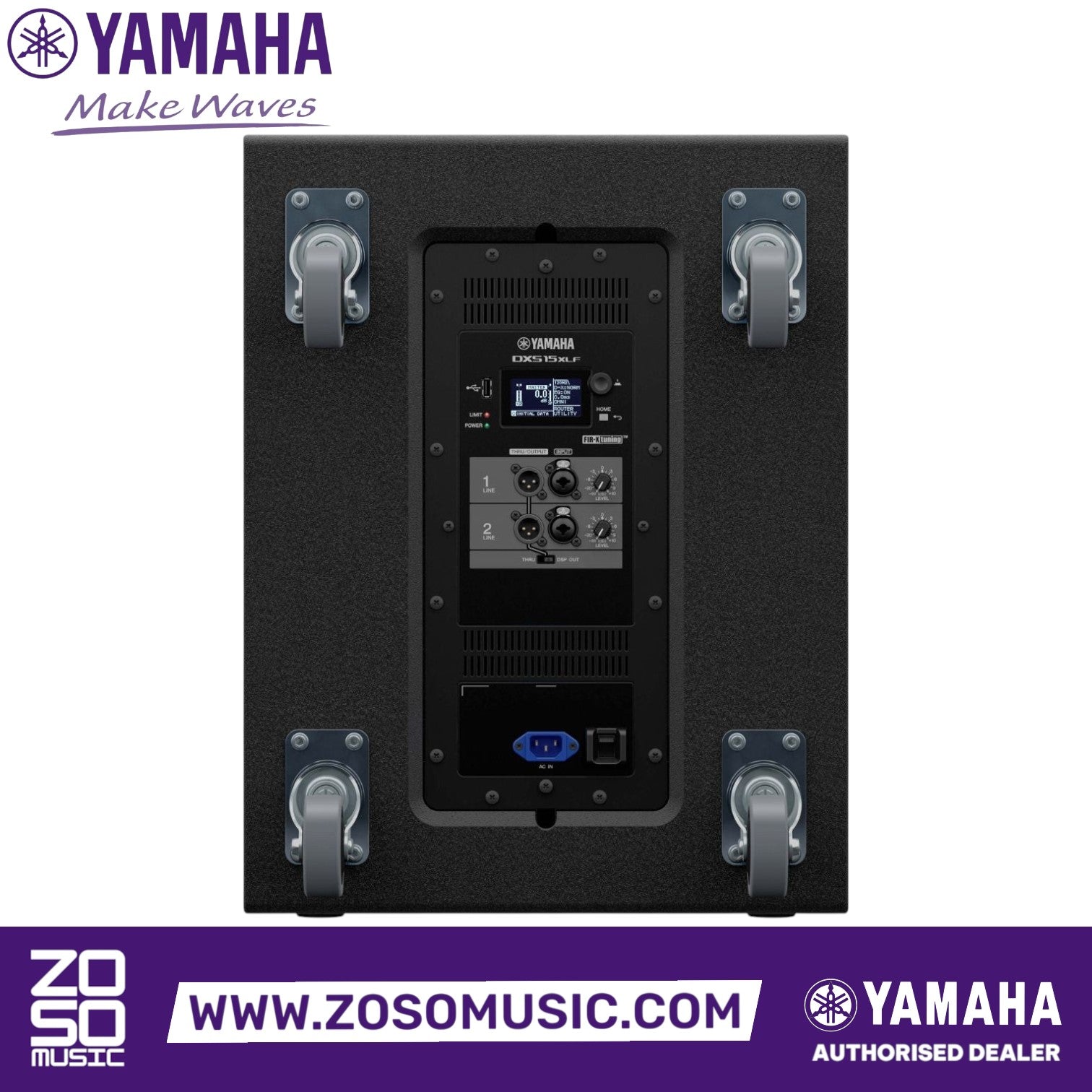 Zoso Music Yamaha DXS15XLF powered subwoofer rear control panel with LCD screen, inputs, and caster wheels