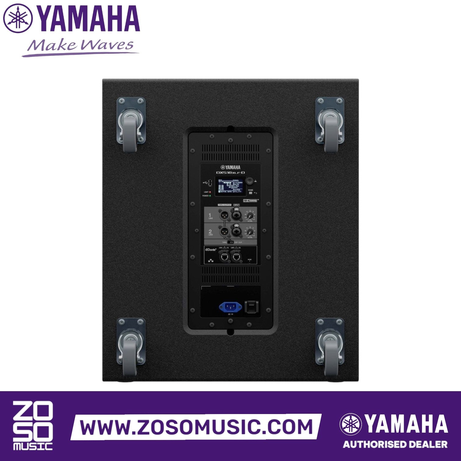 Zoso Music Yamaha DXS18XLF-D powered subwoofer rear panel showing LCD display, Dante ports, and control interface.